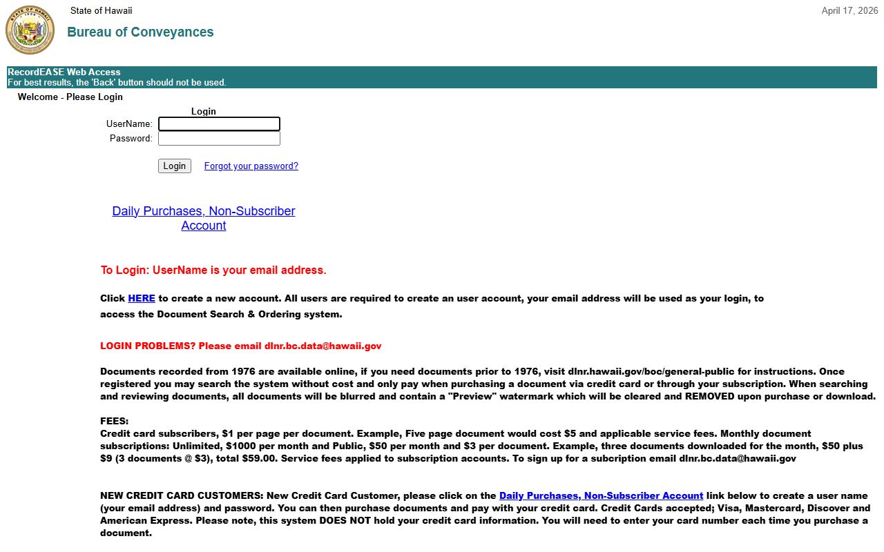 Bureau of Conveyances RecordEASE online portal for Hawaii property records search