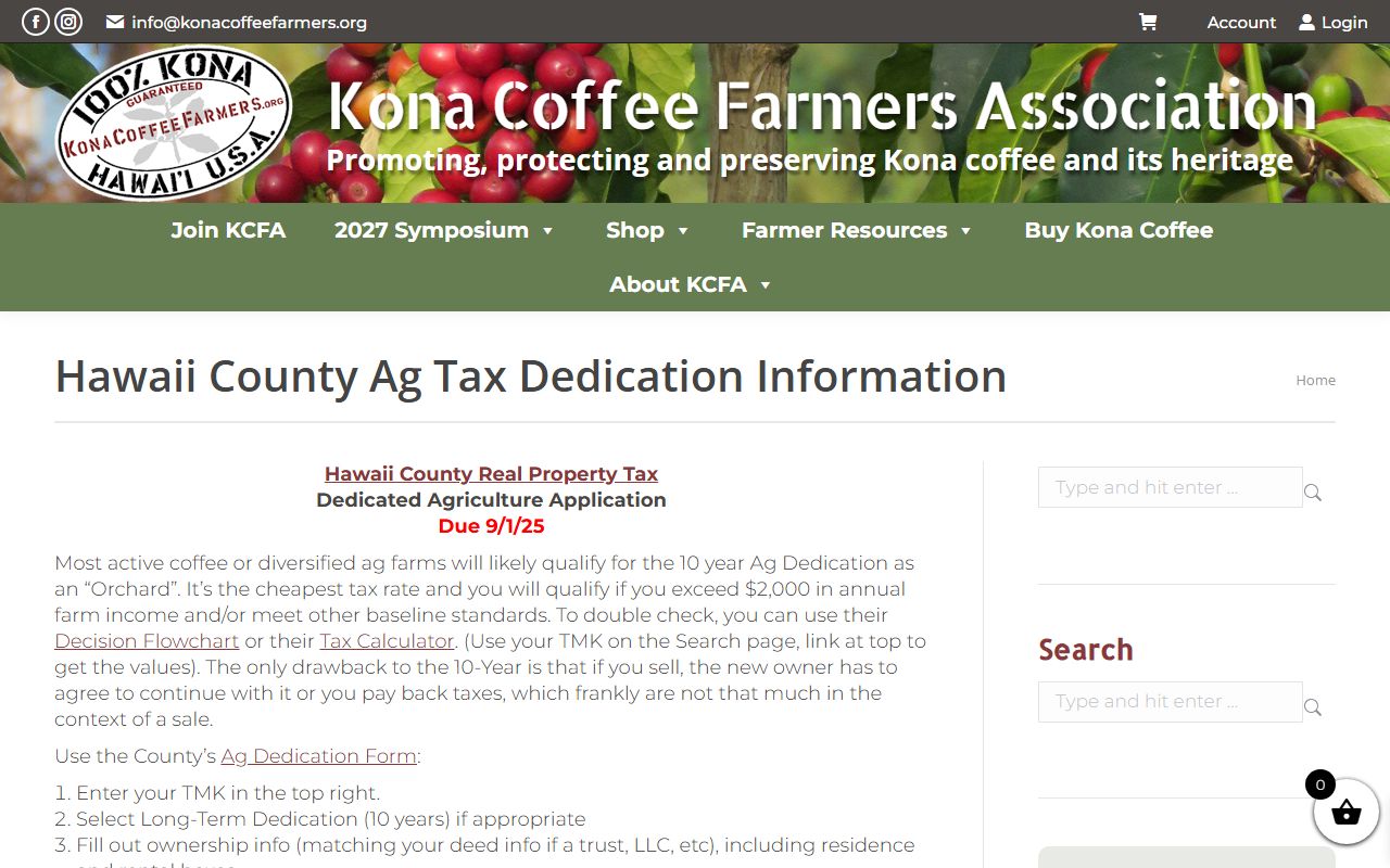 Hawaii County agricultural use dedication information for property tax programs