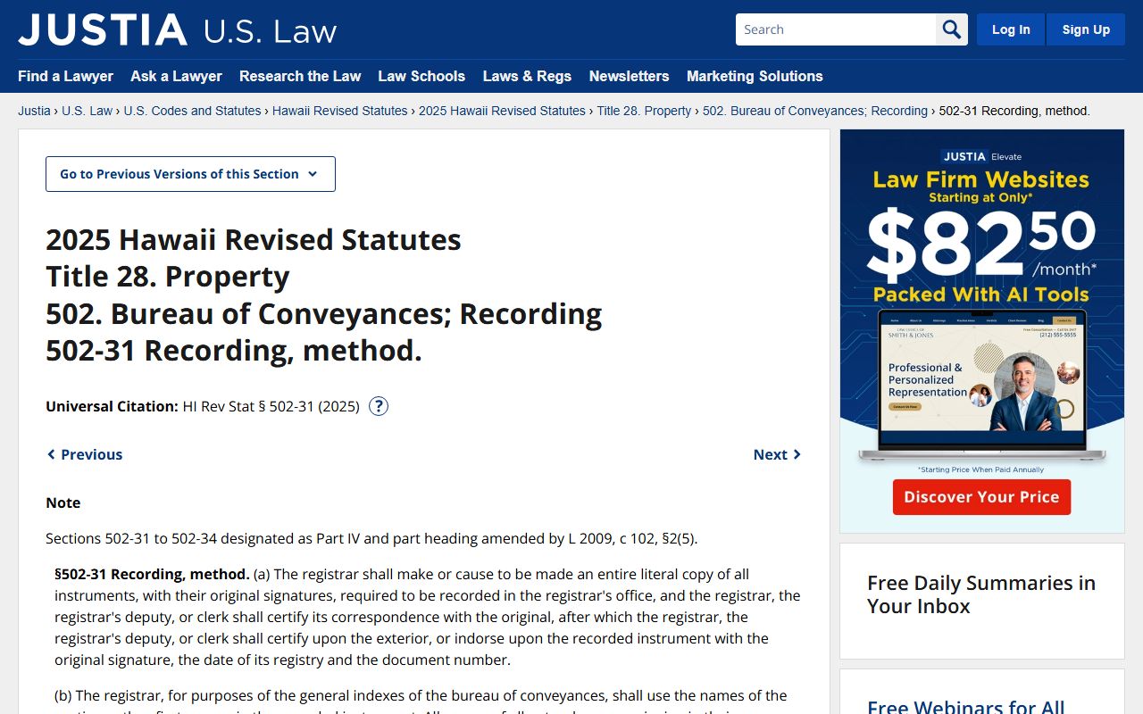 Hawaii Revised Statutes Chapter 502 governing Bureau of Conveyances and property recording