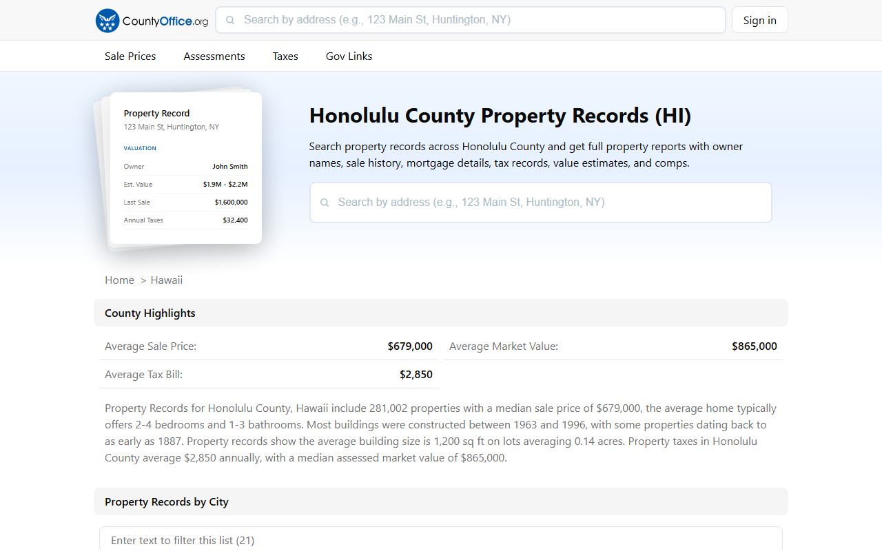 Honolulu County property records database showing Pearl City parcel sales and assessment data