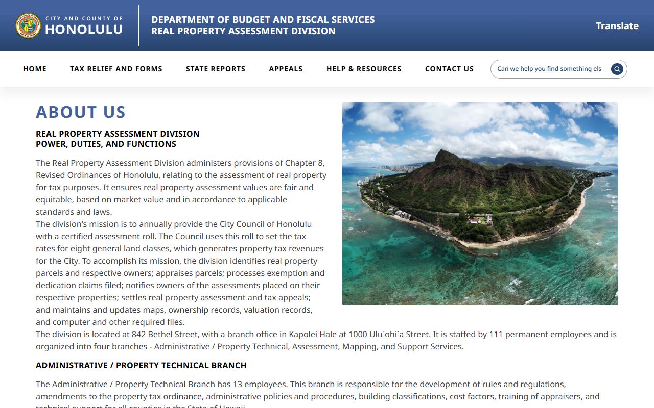 Honolulu Real Property Tax About Us page showing division services