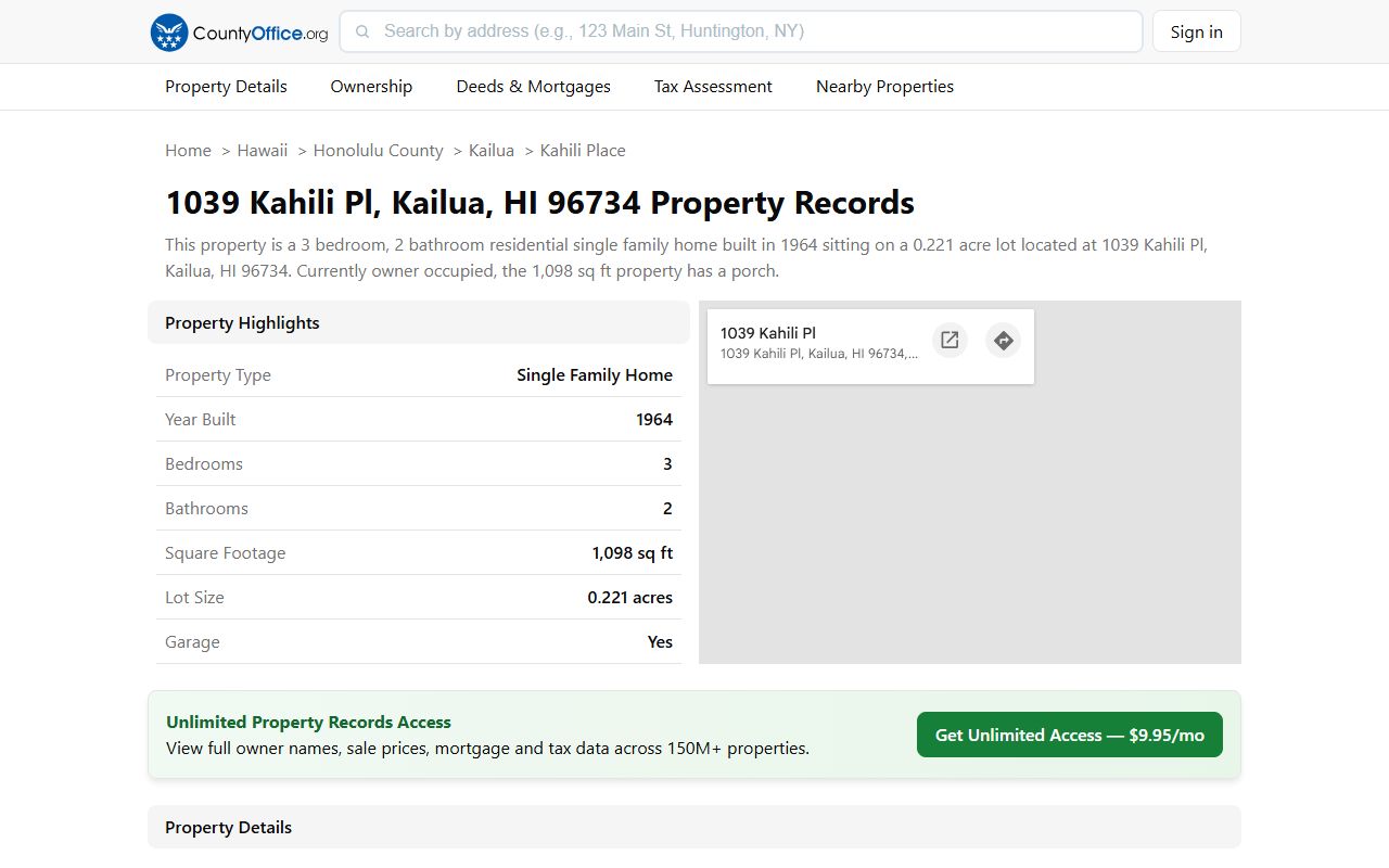 Kailua property record sample showing $1,531,200 assessed value for windward Oahu coastal parcel