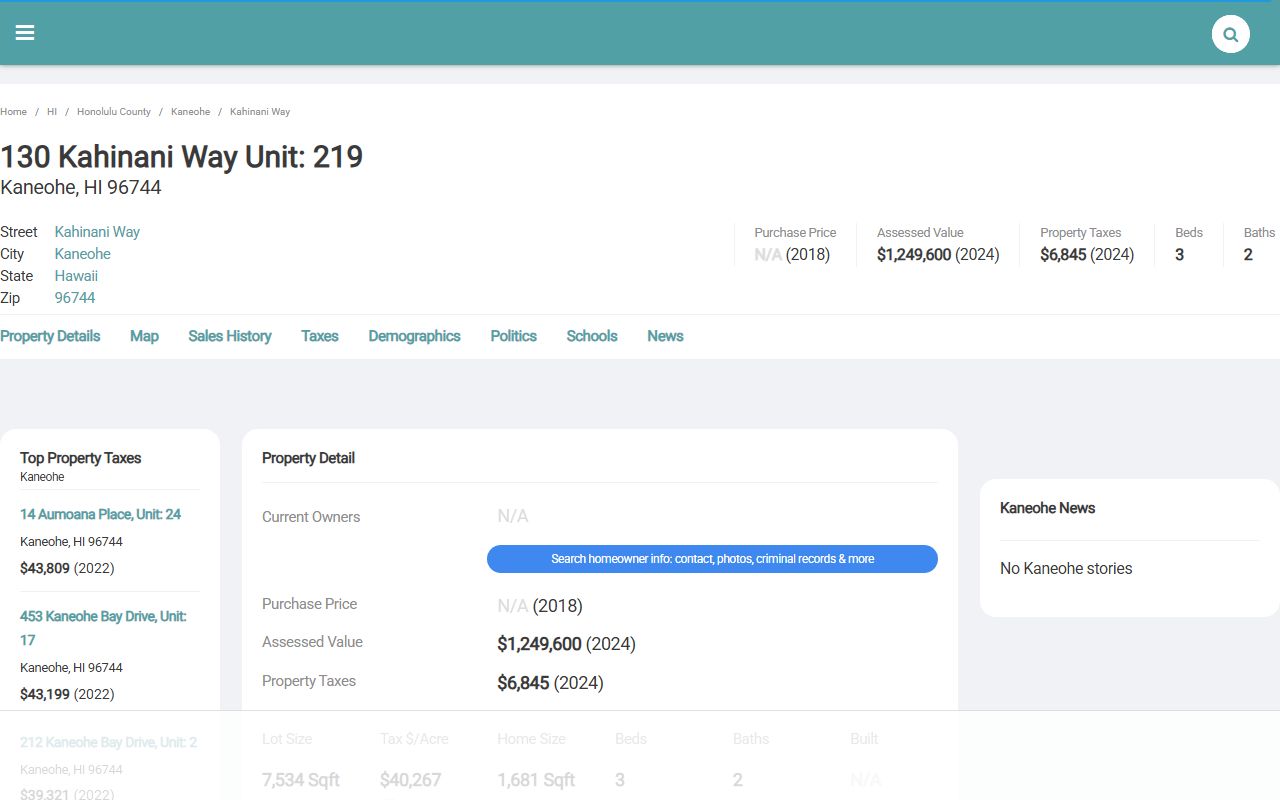 Kaneohe property record showing $1,249,600 assessed value and $6,845 tax bill for windward Oahu parcel