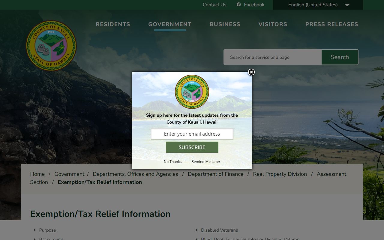 Kauai County home exemption information and eligibility requirements