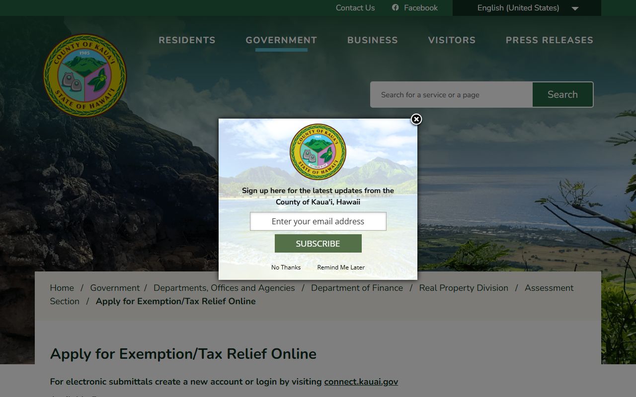 Kauai County online home exemption application portal