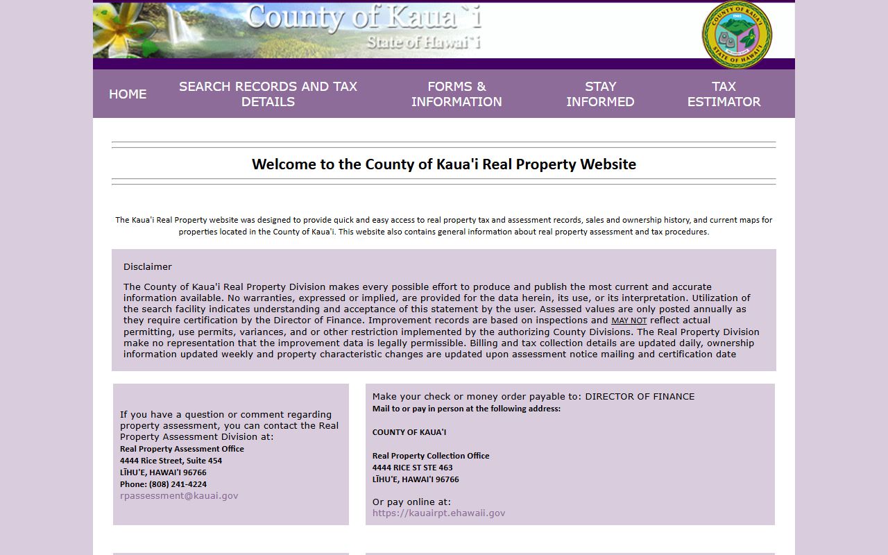 Kauai County real property tax website and assessment records search
