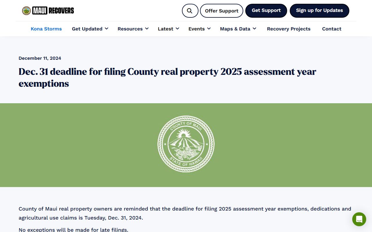 Maui County homeowner exemption and long-term rental exemption deadline information for Kahului property owners