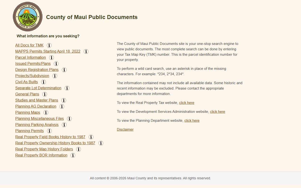 Maui County public documents search portal for property records