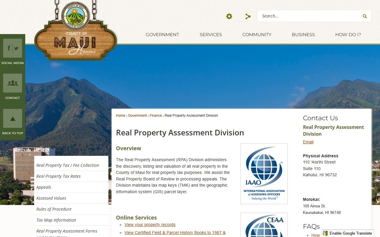 Maui County Real Property Assessment Division official page serving Kahului property owners