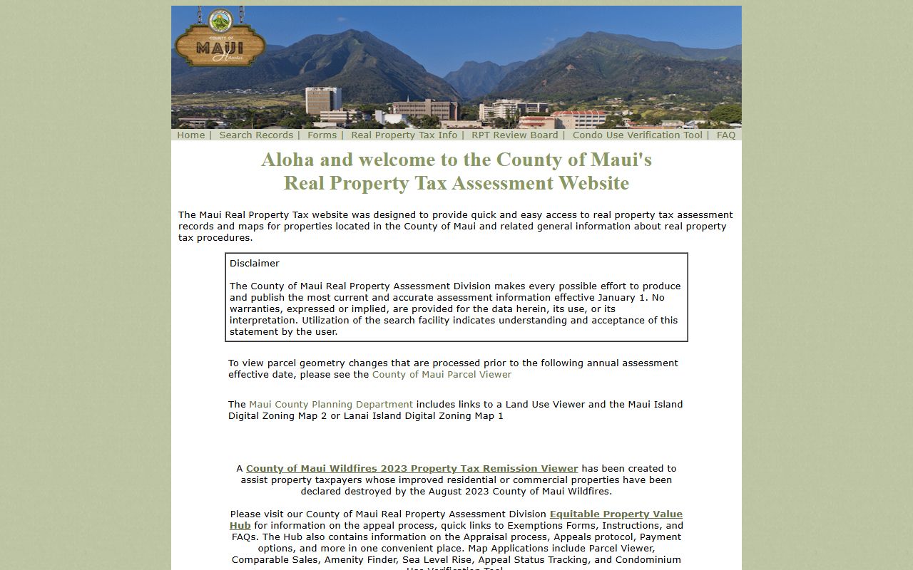 Maui County real property tax website with search tools for Kahului parcel records