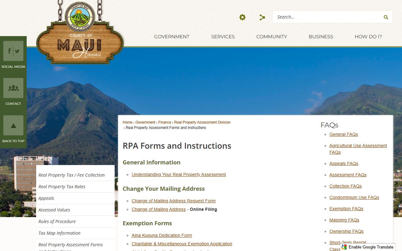 Maui County RPA forms and instructions for property tax exemption applications