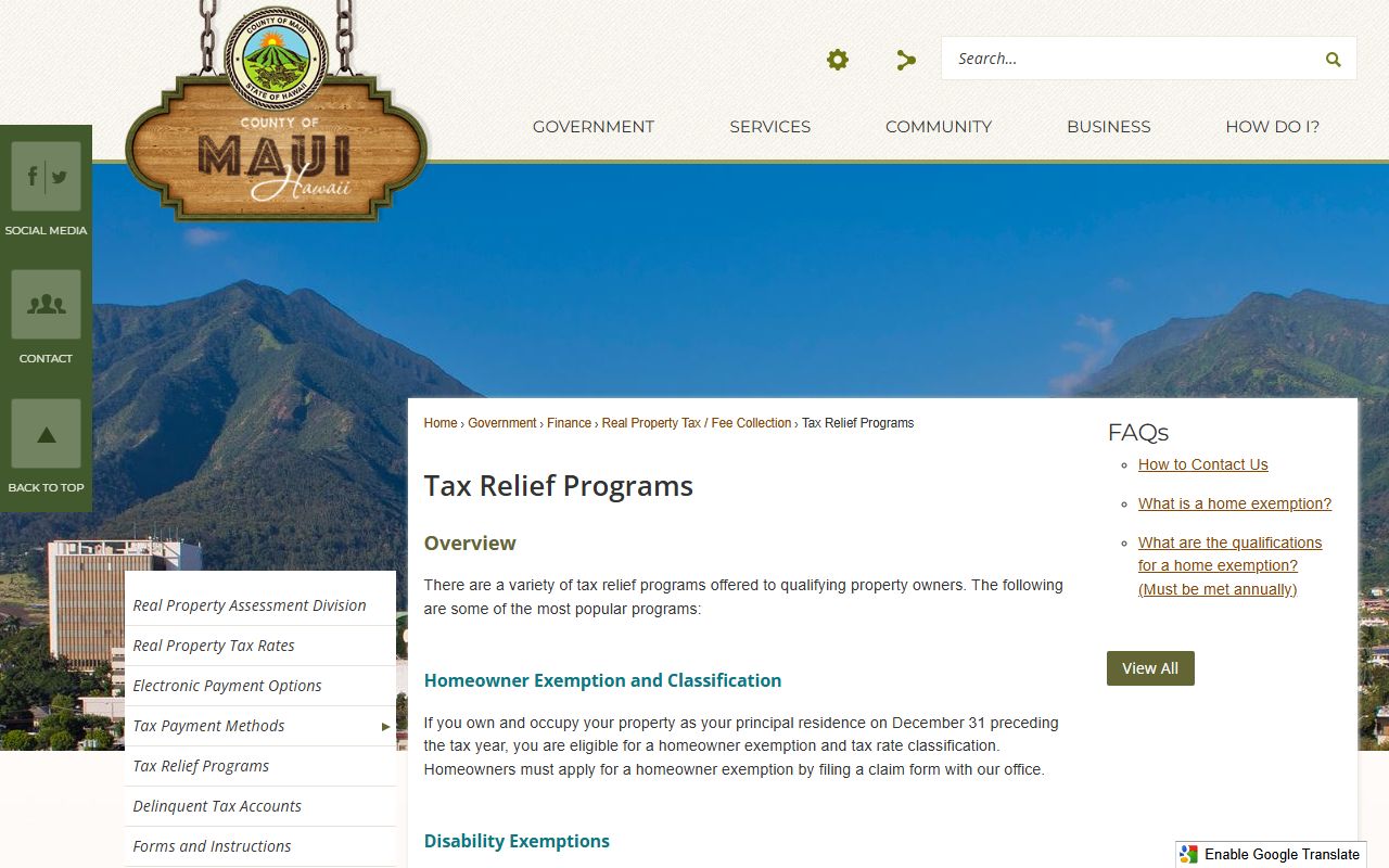Maui County property tax relief programs and exemptions