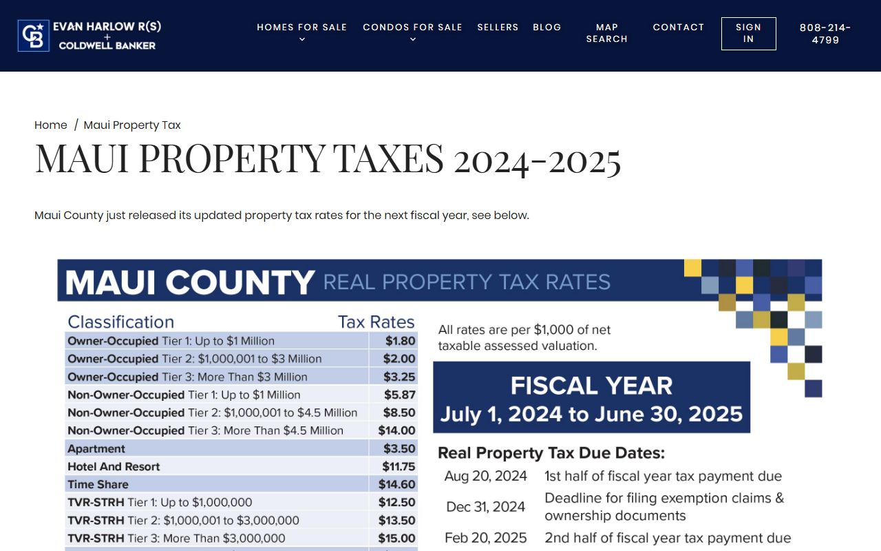 Maui property tax rates showing Kihei short-term rental classification at $11.85 per $1,000 assessed value