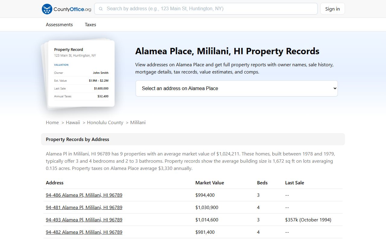 Mililani Town property records on Alamea Place showing assessed values averaging over one million dollars