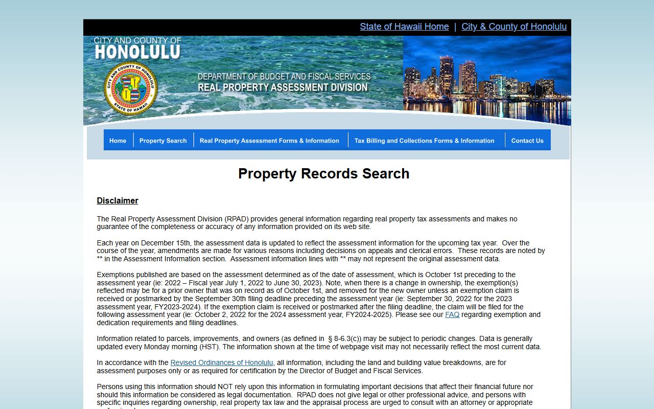Urban Honolulu property search portal showing parcel search fields