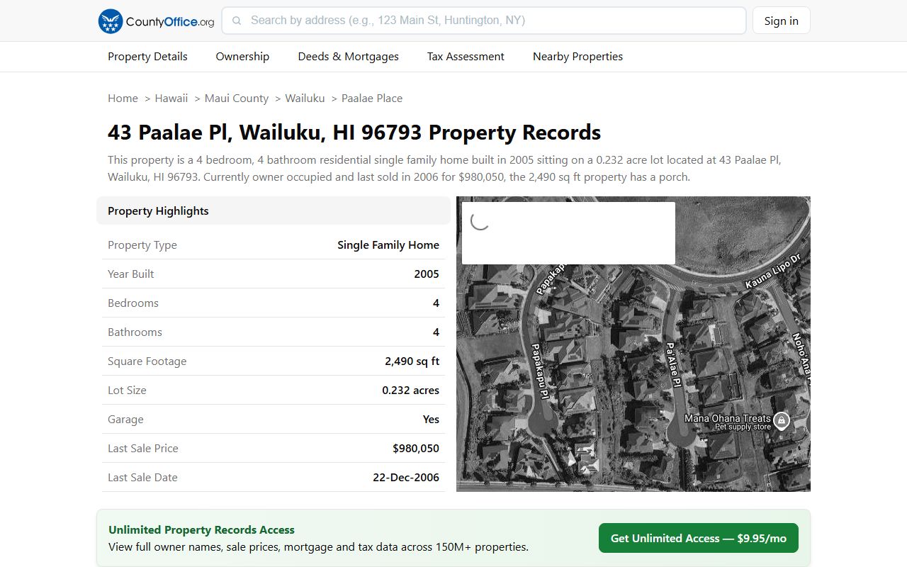 Wailuku property record sample at 43 Paalae Place showing assessed value of $1,250,200 and tax bill
