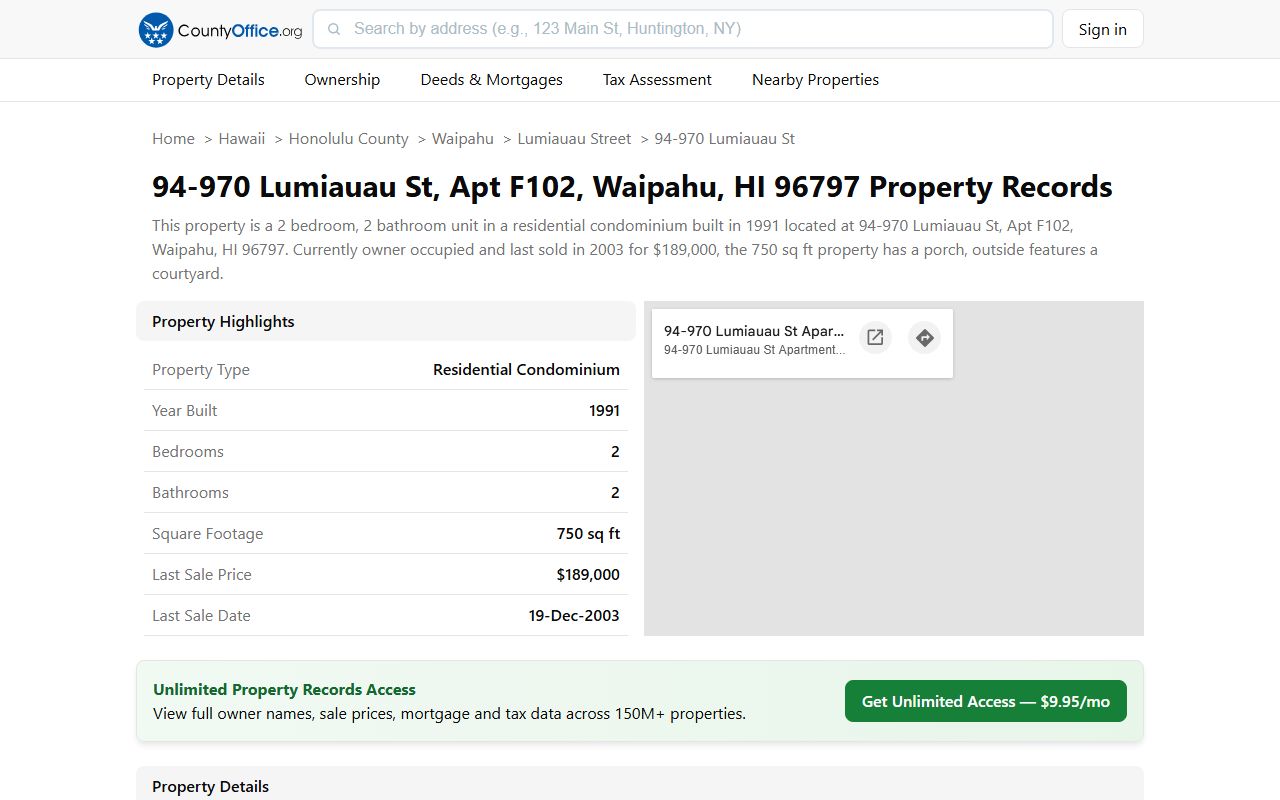 Waipahu property record sample showing assessed value and annual tax bill for Lumiauau Street unit