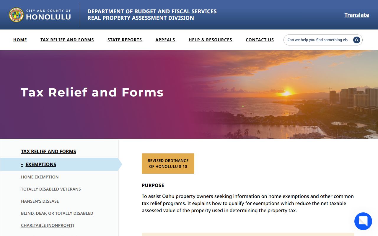 Waipahu property tax exemption information on the Honolulu RPAD website